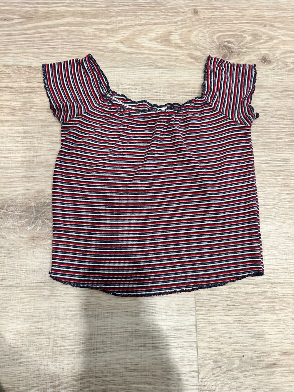 Garage Striped Off-Shoulder Crop Top in Red, Navy & White